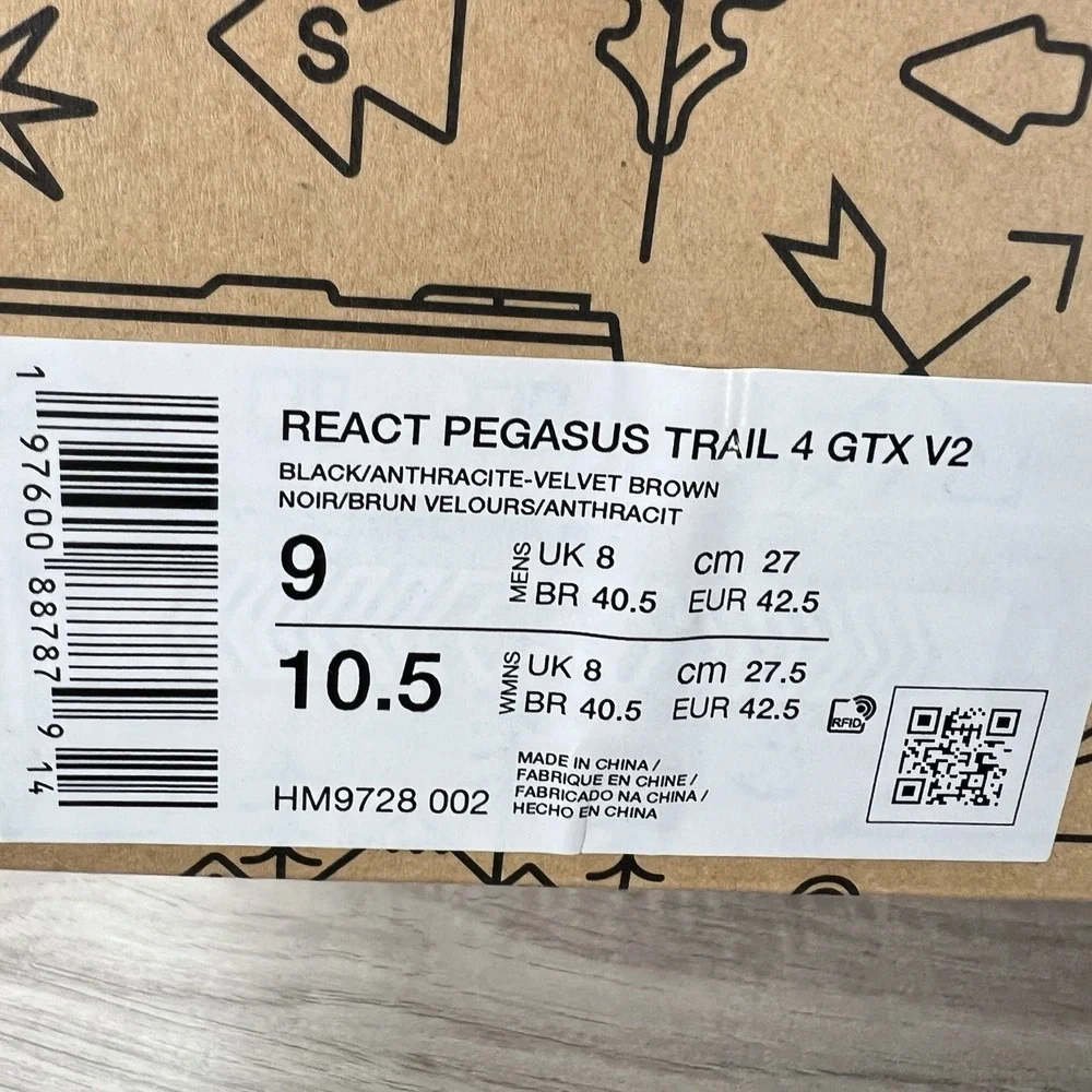 Nike React Pegasus Trail 4 GTX Black Running Shoes Waterproof Sz 9 HM9728 002